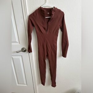 Brown Ribbed Long Sleeve Jumpsuit